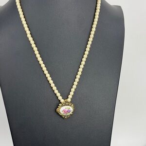 Vintage Avon Pearl Necklace with Pink Rose Enamel Pendant